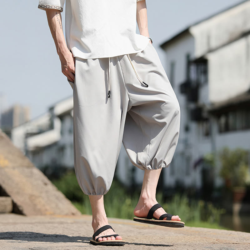 Buddha Stones Solid Drawstring Men's Capri Cropped Harem Pants With Pockets - image 16