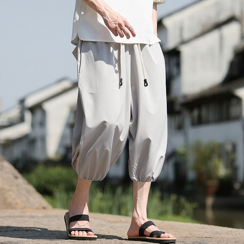 Buddha Stones Solid Drawstring Men's Capri Cropped Harem Pants With Pockets - image 10