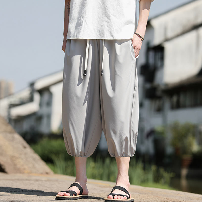 Buddha Stones Solid Drawstring Men's Capri Cropped Harem Pants With Pockets - image 14