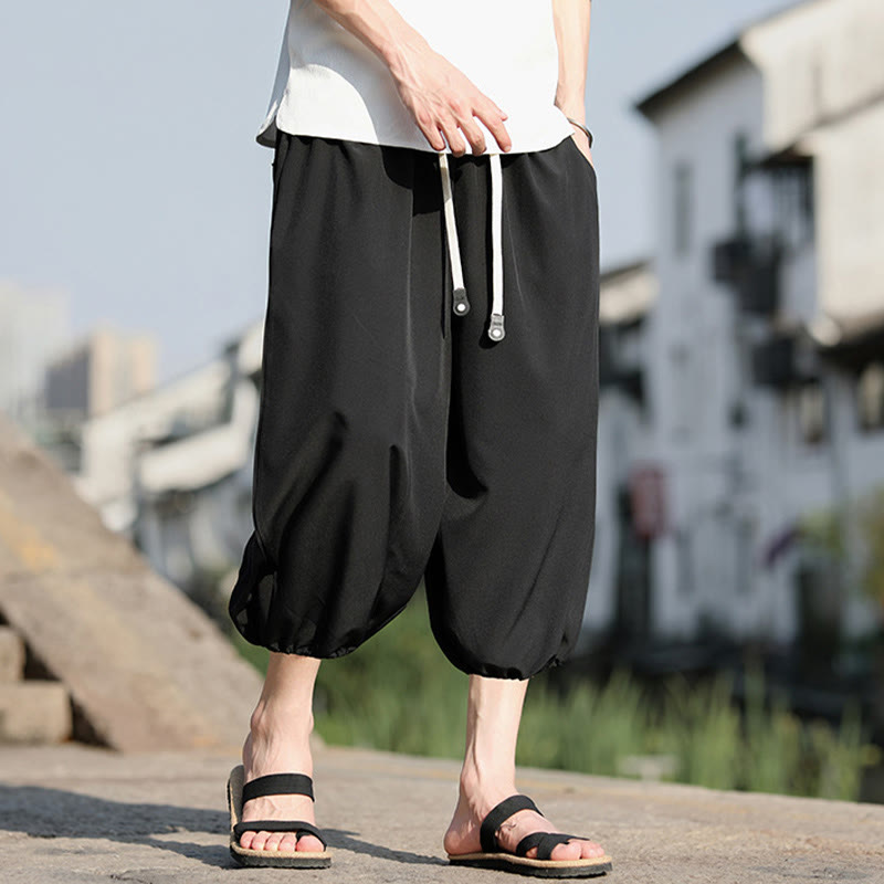 Buddha Stones Solid Drawstring Men's Capri Cropped Harem Pants With Pockets - image 18