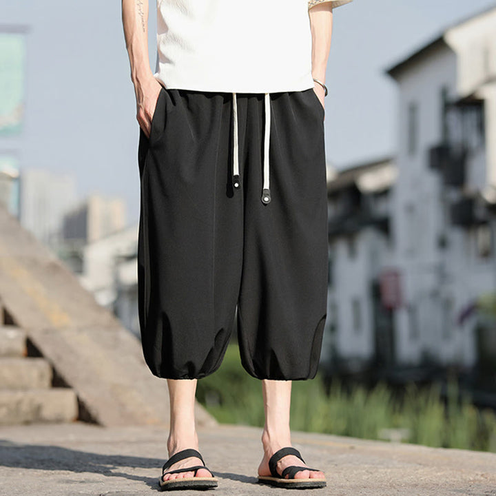 Buddha Stones Solid Drawstring Men's Capri Cropped Harem Pants With Pockets - image 21