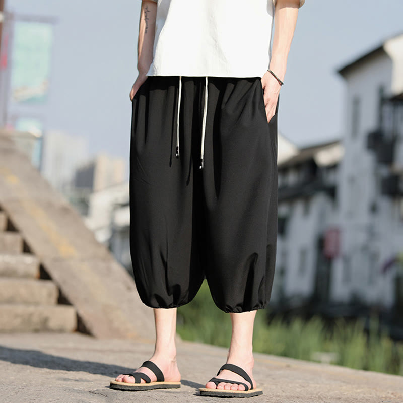 Buddha Stones Solid Drawstring Men's Capri Cropped Harem Pants With Pockets - image 20