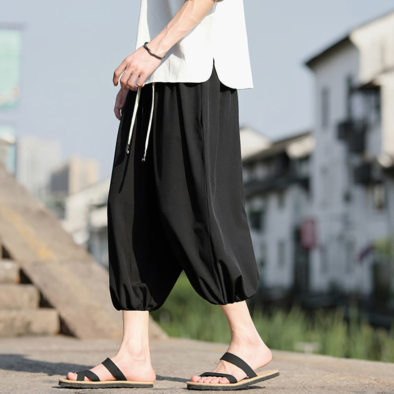 Buddha Stones Solid Drawstring Men's Capri Cropped Harem Pants With Pockets - image 19