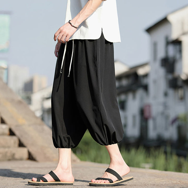 Buddha Stones Solid Drawstring Men's Capri Cropped Harem Pants With Pockets - image 19