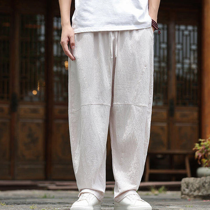 Buddha Stones Solid Drawstring Men's Elastic Waistband Cotton Linen Pants With Pockets - image 1