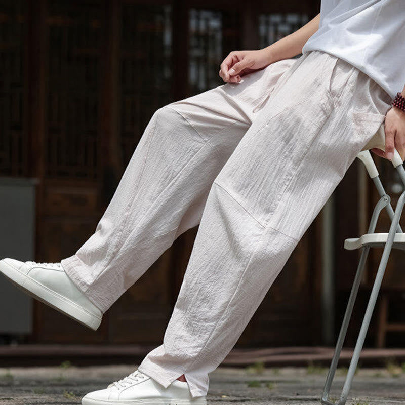 Buddha Stones Solid Drawstring Men's Elastic Waistband Cotton Linen Pants With Pockets - image 7