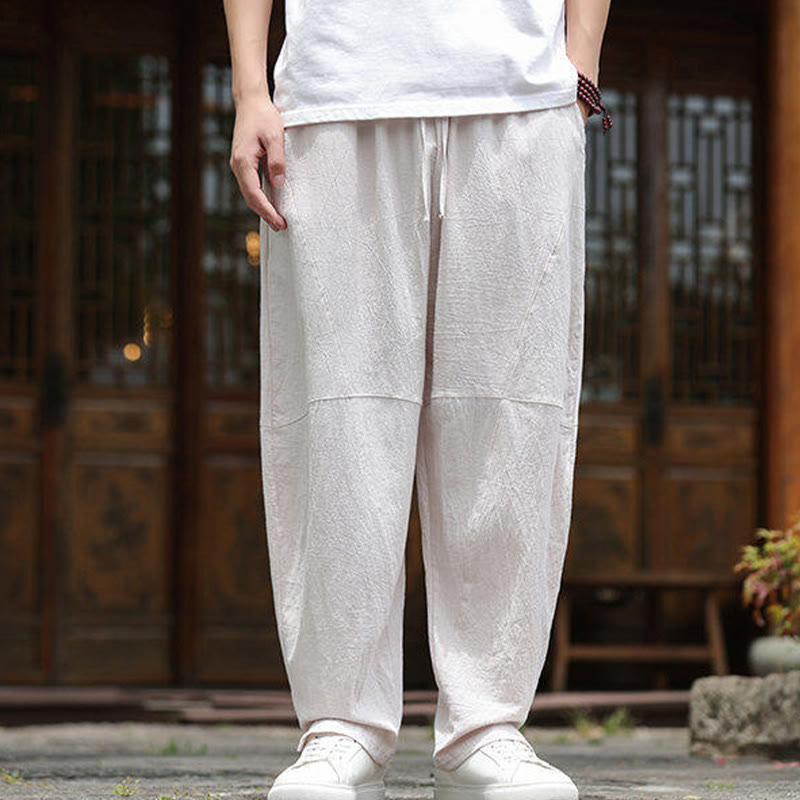 Buddha Stones Solid Drawstring Men's Elastic Waistband Cotton Linen Pants With Pockets - image 2