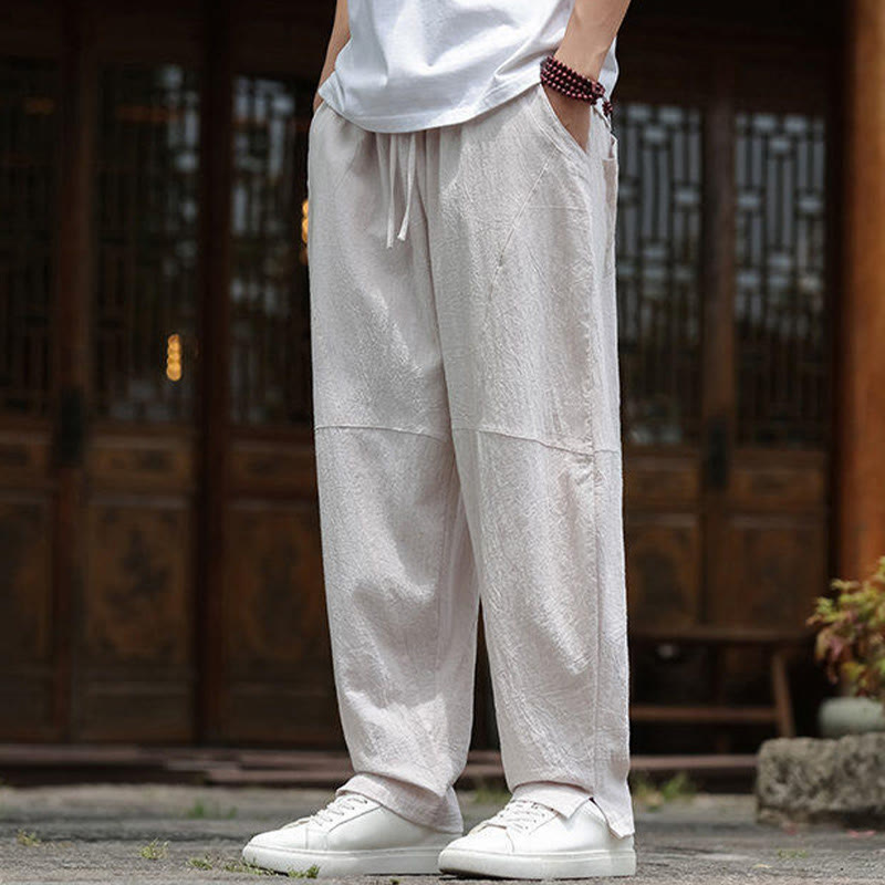 Buddha Stones Solid Drawstring Men's Elastic Waistband Cotton Linen Pants With Pockets - image 6