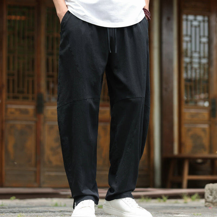 Buddha Stones Solid Drawstring Men's Elastic Waistband Cotton Linen Pants With Pockets - image 15