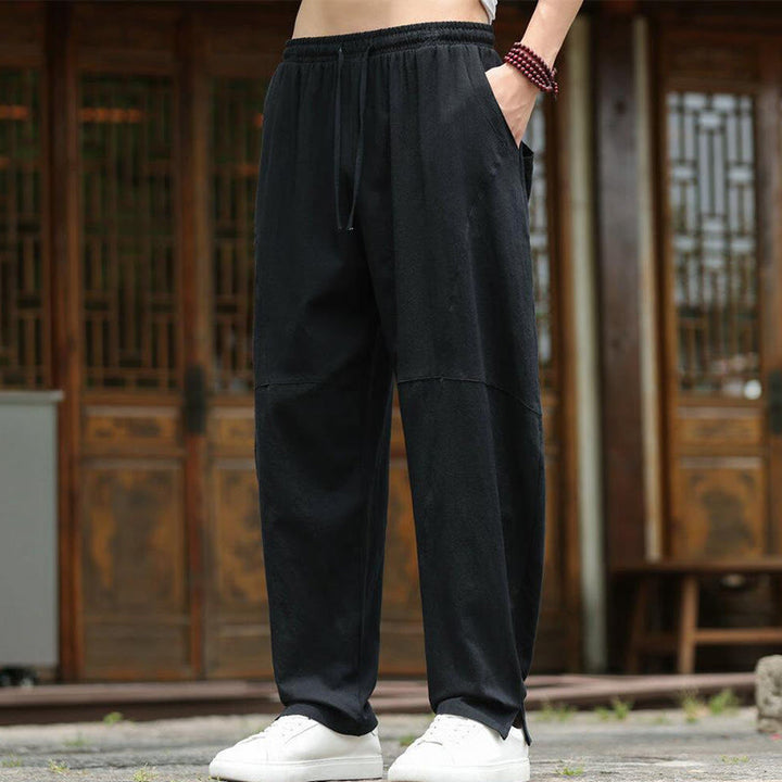 Buddha Stones Solid Drawstring Men's Elastic Waistband Cotton Linen Pants With Pockets - image 18