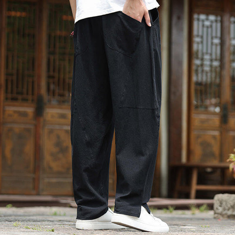 Buddha Stones Solid Drawstring Men's Elastic Waistband Cotton Linen Pants With Pockets - image 13