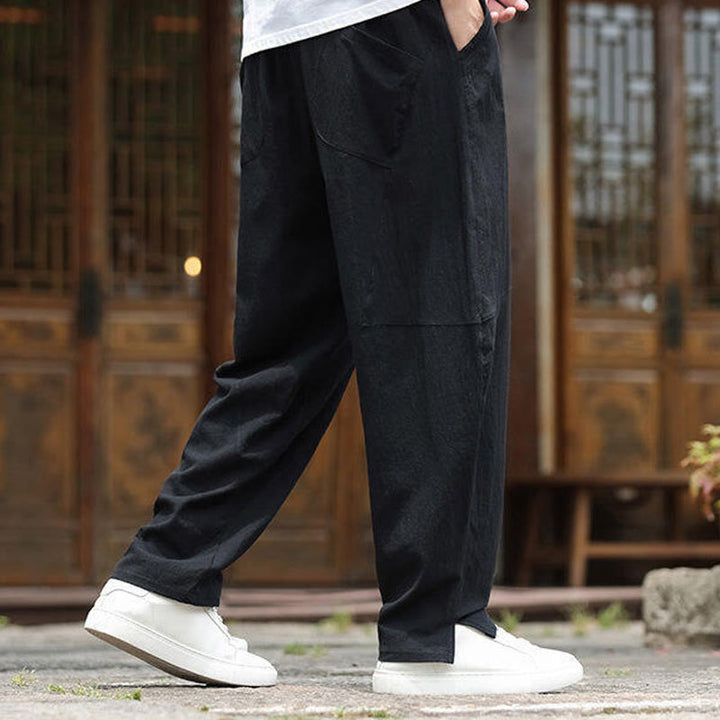 Buddha Stones Solid Drawstring Men's Elastic Waistband Cotton Linen Pants With Pockets - image 14
