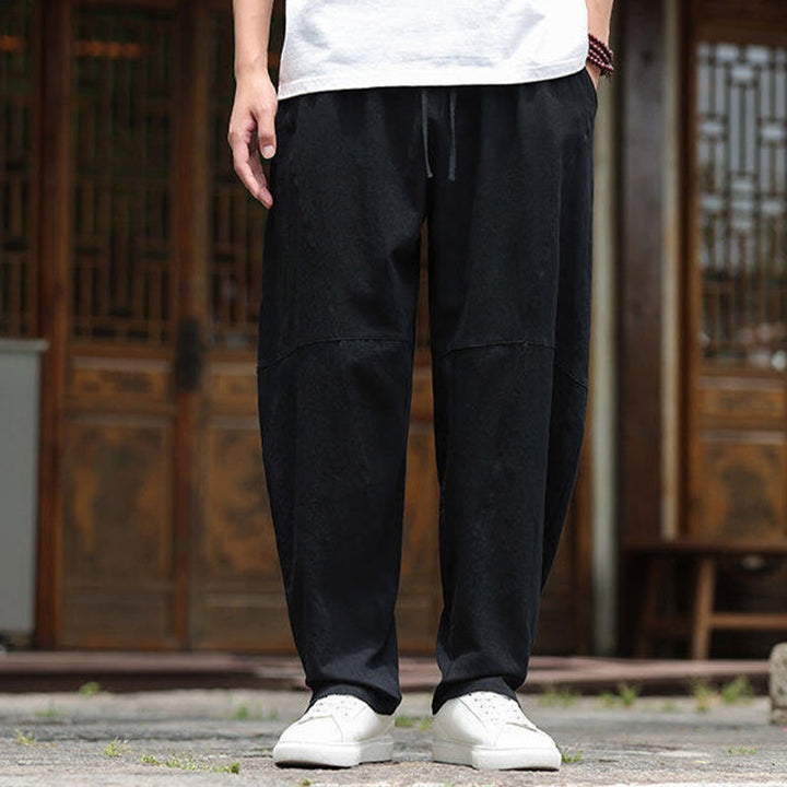 Buddha Stones Solid Drawstring Men's Elastic Waistband Cotton Linen Pants With Pockets - image 17
