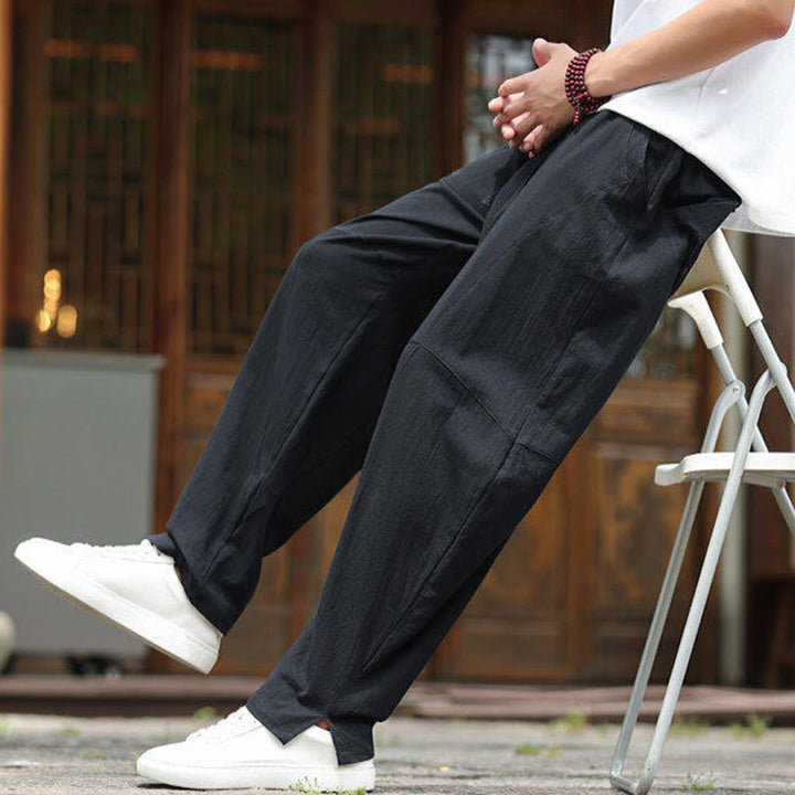 Buddha Stones Solid Drawstring Men's Elastic Waistband Cotton Linen Pants With Pockets - image 19