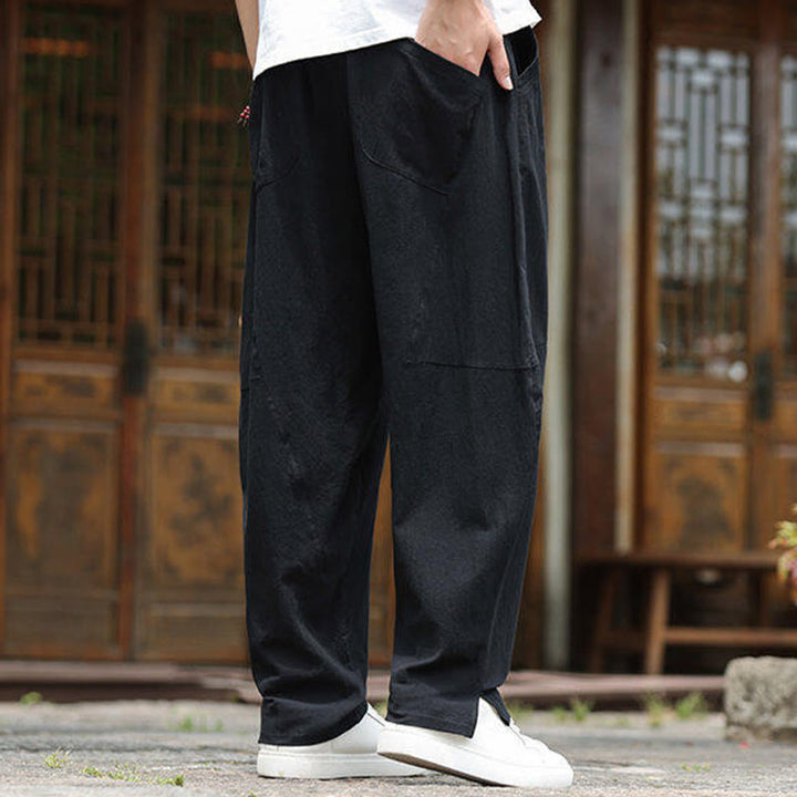 Buddha Stones Solid Drawstring Men's Elastic Waistband Cotton Linen Pants With Pockets - image 13