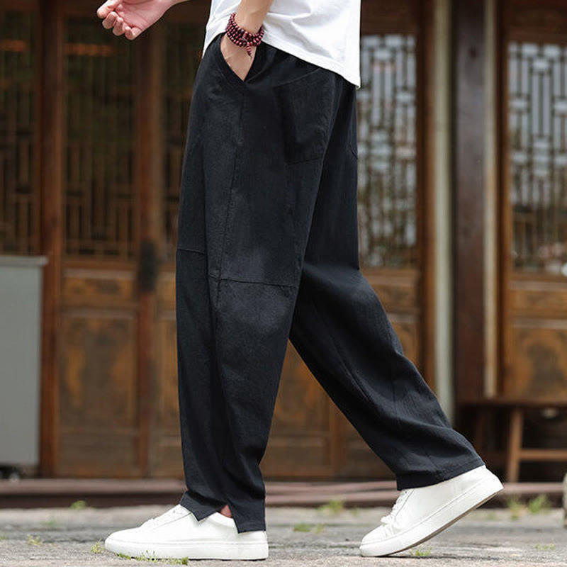 Buddha Stones Solid Drawstring Men's Elastic Waistband Cotton Linen Pants With Pockets - image 12