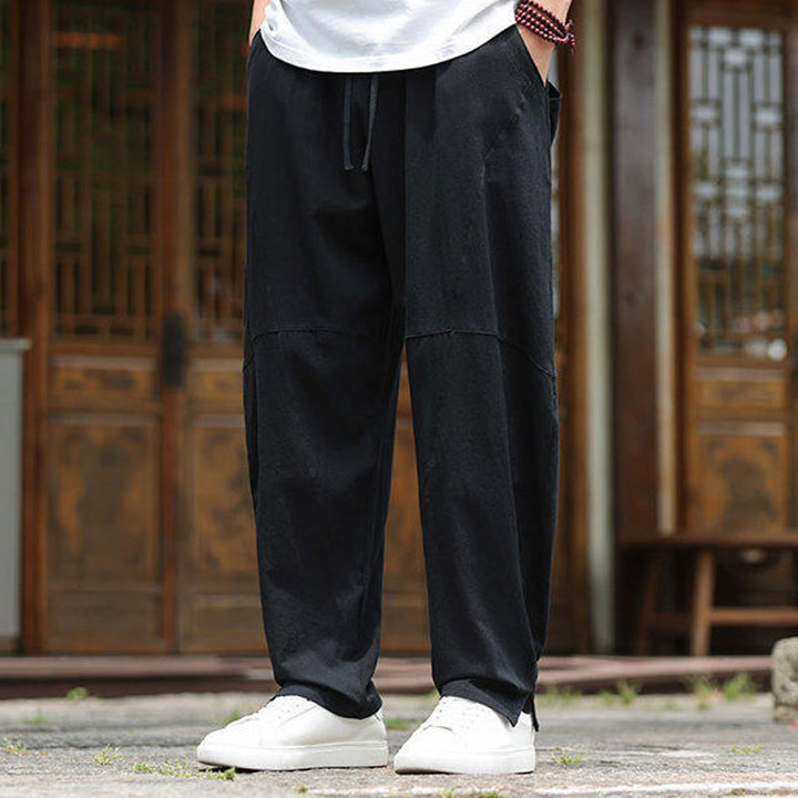 Buddha Stones Solid Drawstring Men's Elastic Waistband Cotton Linen Pants With Pockets - image 16