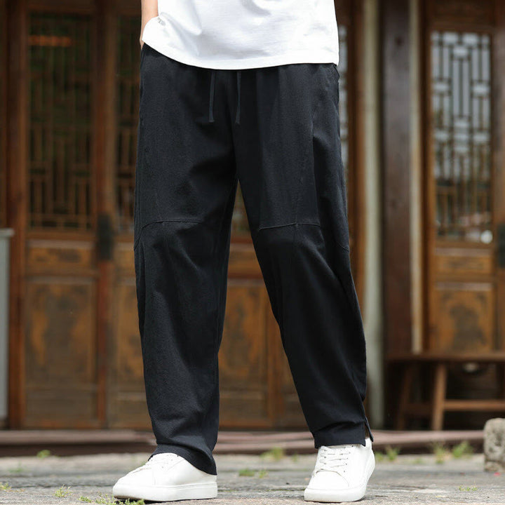 Buddha Stones Solid Drawstring Men's Elastic Waistband Cotton Linen Pants With Pockets - image 11