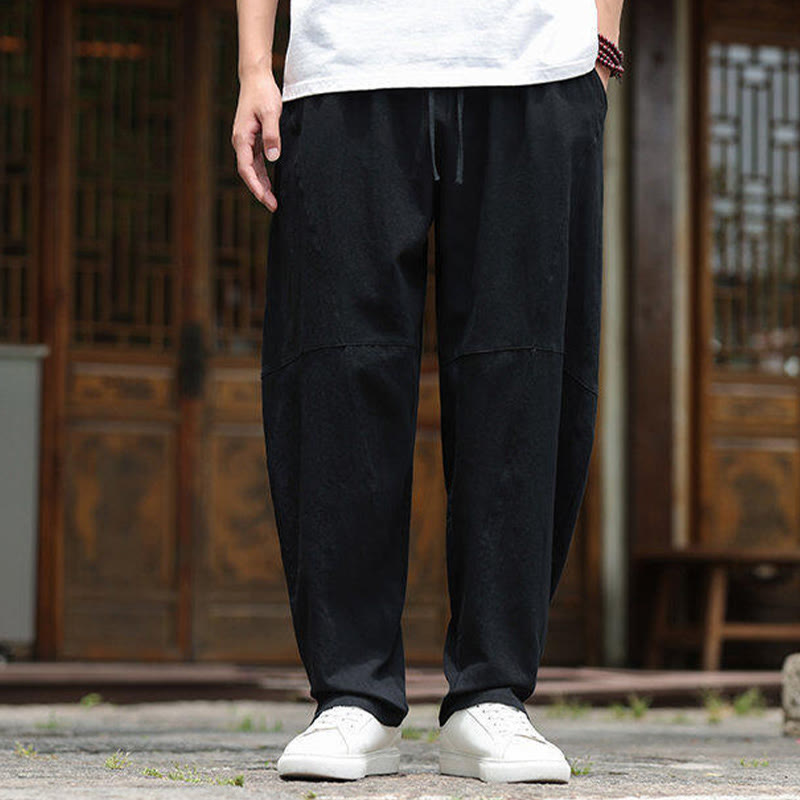 Buddha Stones Solid Drawstring Men's Elastic Waistband Cotton Linen Pants With Pockets - image 17
