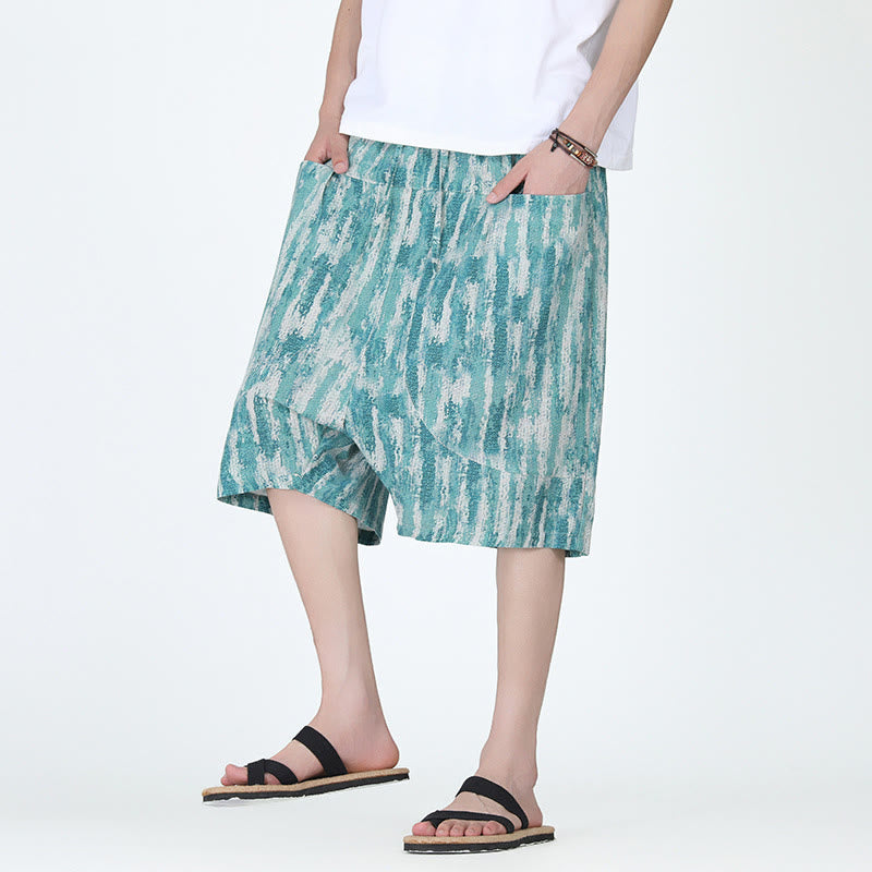 Buddha Stones Summer Stripes Cotton Linen Men's Capri Pants With Pockets - CadetBlue - US/UK/AU46，EU56 (5XL) - image 1