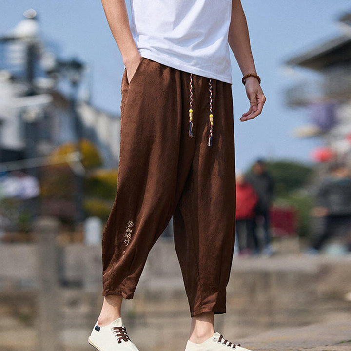 Buddha Stones Summer Character Embroidery Design Drawstring Men's 7-8 Length Pants With Pockets - image 12