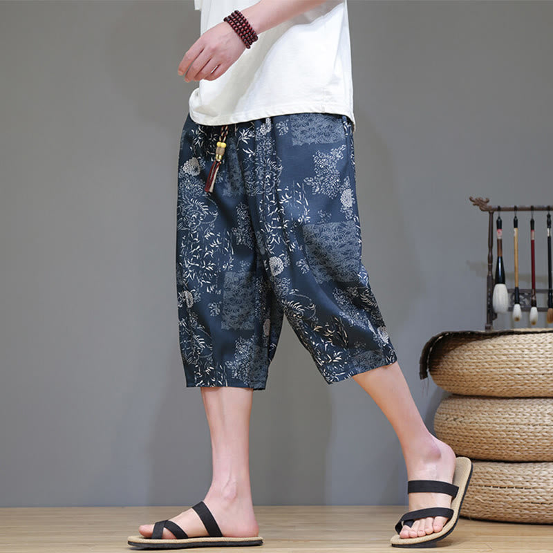 Buddha Stones Summer Bamboo Leaves Flowers Cotton Linen Men's Capri Pants With Pockets - SteelBlue - US/UK/AU46，EU56 (5XL) - image 0