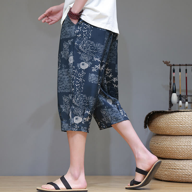 Buddha Stones Summer Bamboo Leaves Flowers Cotton Linen Men's Capri Pants With Pockets - image 1