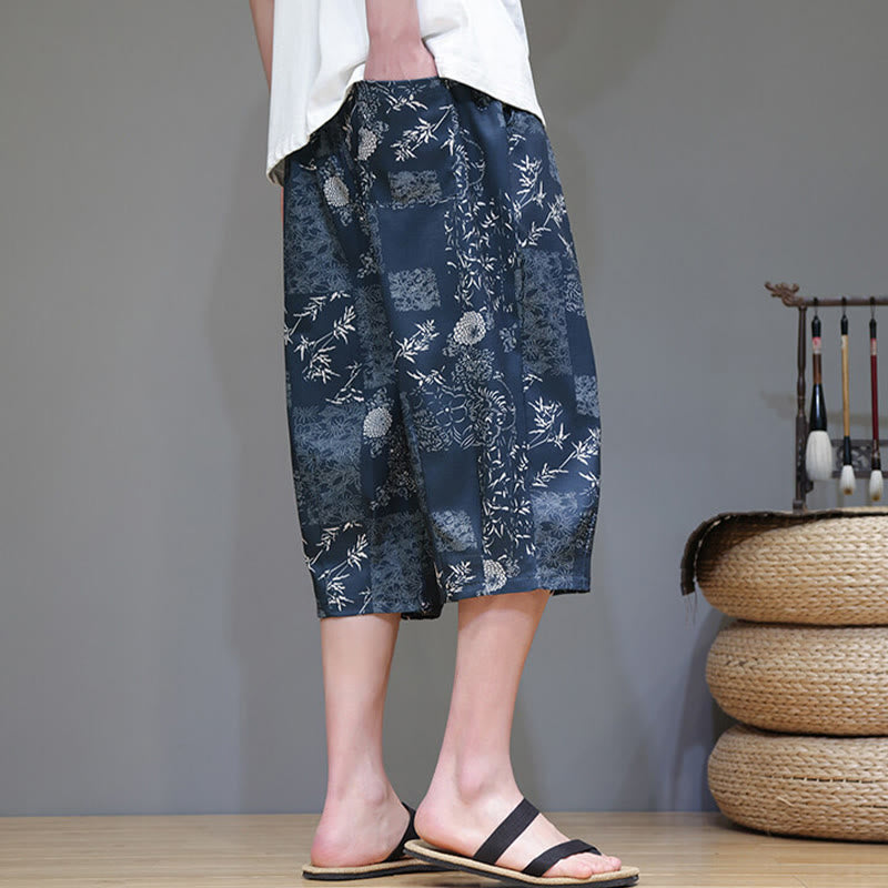 Buddha Stones Summer Bamboo Leaves Flowers Cotton Linen Men's Capri Pants With Pockets - image 4