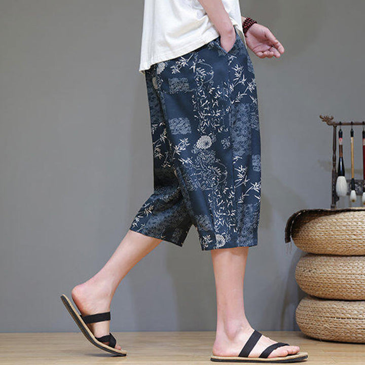 Buddha Stones Summer Bamboo Leaves Flowers Cotton Linen Men's Capri Pants With Pockets - image 7