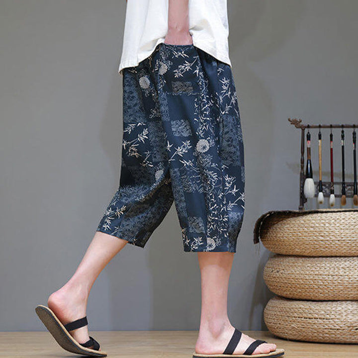 Buddha Stones Summer Bamboo Leaves Flowers Cotton Linen Men's Capri Pants With Pockets - image 3