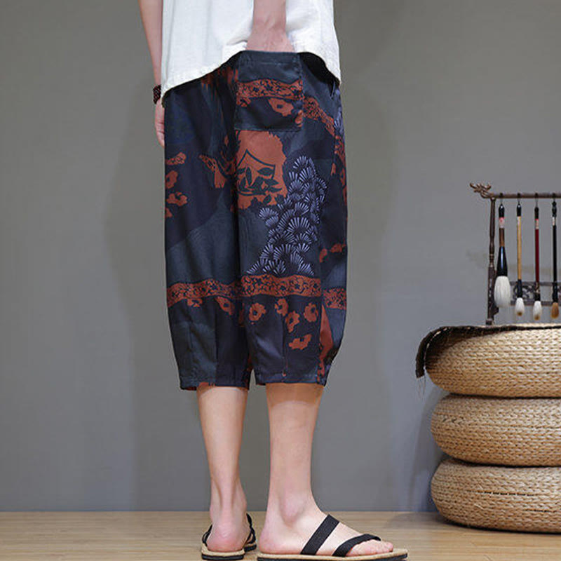Buddha Stones Summer Bamboo Leaves Flowers Cotton Linen Men's Capri Pants With Pockets - image 17