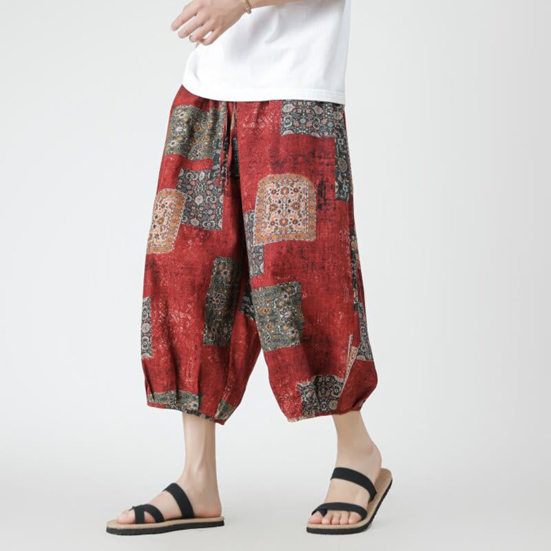 Buddha Stones Summer Square Patchwork Elephant Mandala Geometry Cotton Linen Men's 7-8 Length Pants With Pockets - Red - US/UK/AU46，EU56 (5XL) - image 1