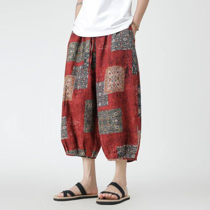 Buddha Stones Summer Square Patchwork Elephant Mandala Geometry Cotton Linen Men's 7-8 Length Pants With Pockets - image 9