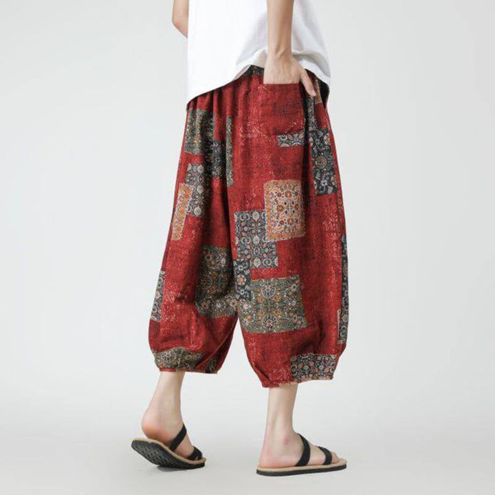 Buddha Stones Summer Square Patchwork Elephant Mandala Geometry Cotton Linen Men's 7-8 Length Pants With Pockets - image 4