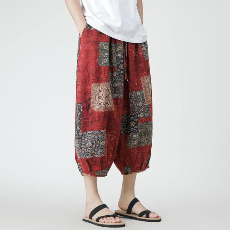Buddha Stones Summer Square Patchwork Elephant Mandala Geometry Cotton Linen Men's 7-8 Length Pants With Pockets - image 2