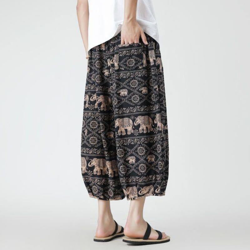 Buddha Stones Summer Square Patchwork Elephant Mandala Geometry Cotton Linen Men's 7-8 Length Pants With Pockets - image 24