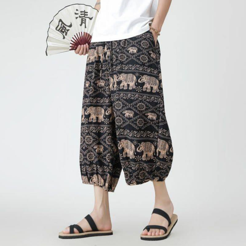 Buddha Stones Summer Square Patchwork Elephant Mandala Geometry Cotton Linen Men's 7-8 Length Pants With Pockets - image 29