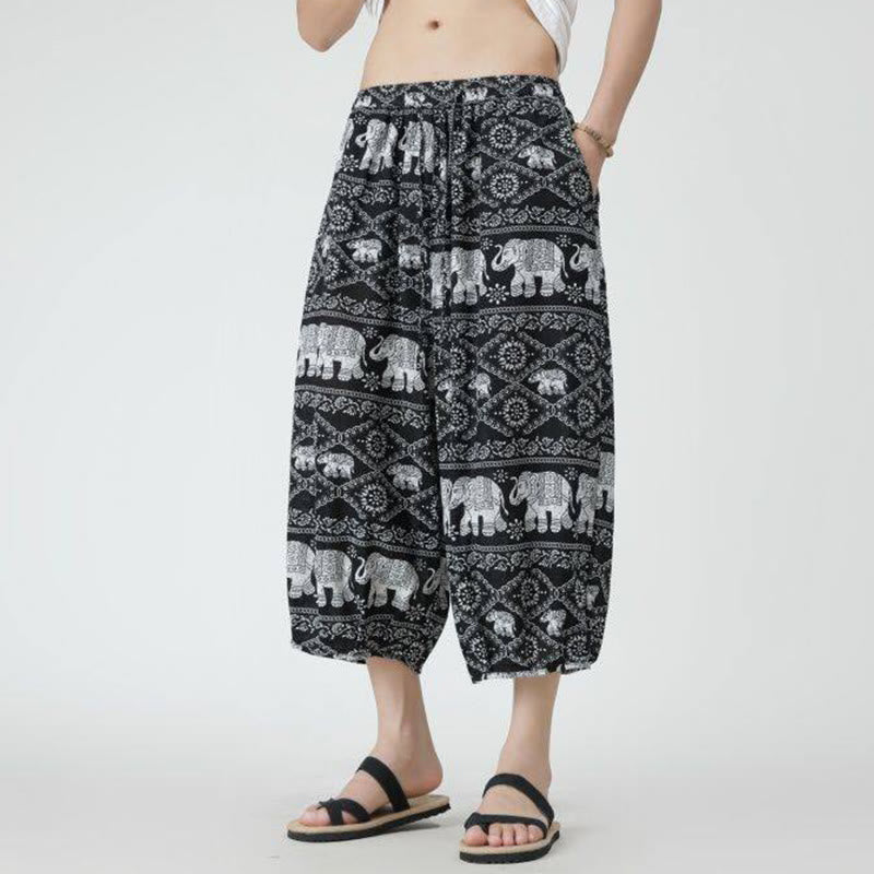 Buddha Stones Summer Square Patchwork Elephant Mandala Geometry Cotton Linen Men's 7-8 Length Pants With Pockets - image 48