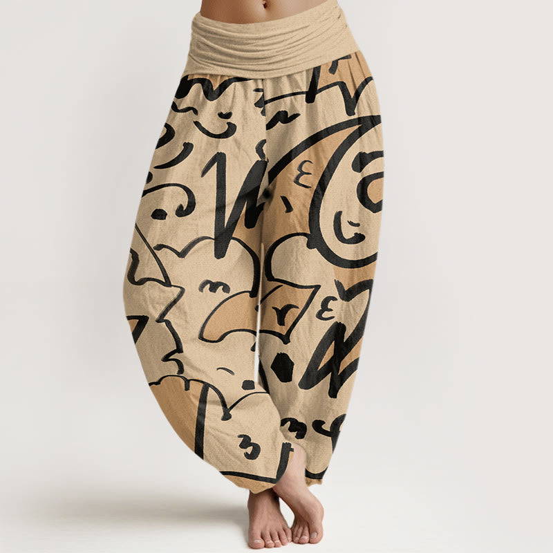 Buddha Stones Casual Playful Doodl Line Pattern Women's Elastic Waist Harem Pants - PaleGoldenrod - US22，UK/AU26，EU54 (6XL) - image 1