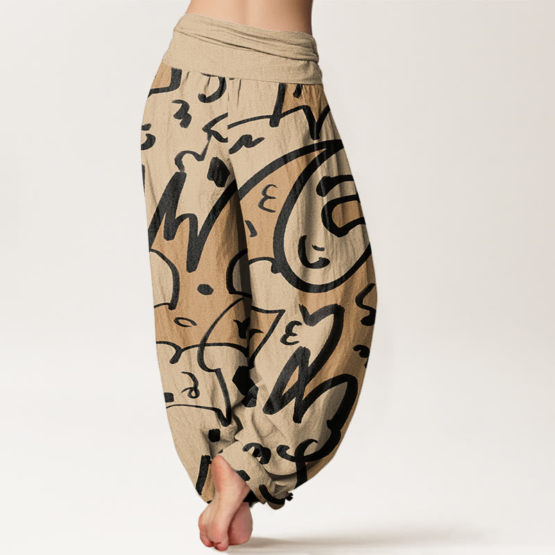Buddha Stones Casual Playful Doodl Line Pattern Women's Elastic Waist Harem Pants - image 2