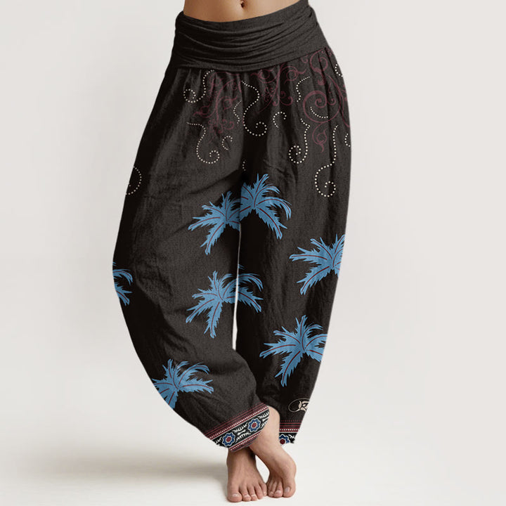 Buddha Stones Casual Floral Scroll Tropical Palm Pattern Women's Elastic Waist Harem Pants - Black - US22，UK/AU26，EU54 (6XL) - image 1