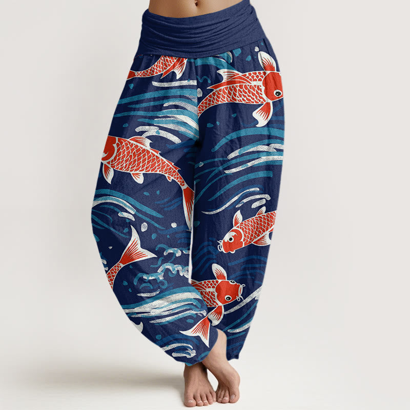 Buddha Stones Casual Wave Koi Pattern Women's Elastic Waist Harem Pants - Navy - US22，UK/AU26，EU54 (6XL) - image 1