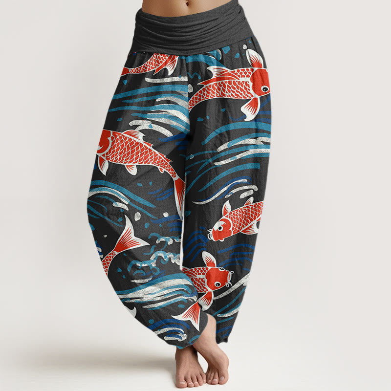 Buddha Stones Casual Wave Koi Pattern Women's Elastic Waist Harem Pants - Black - US22，UK/AU26，EU54 (6XL) - image 5