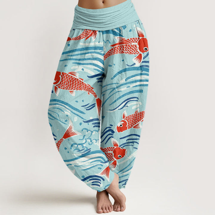 Buddha Stones Casual Wave Koi Pattern Women's Elastic Waist Harem Pants - Turquoise - US22，UK/AU26，EU54 (6XL) - image 8