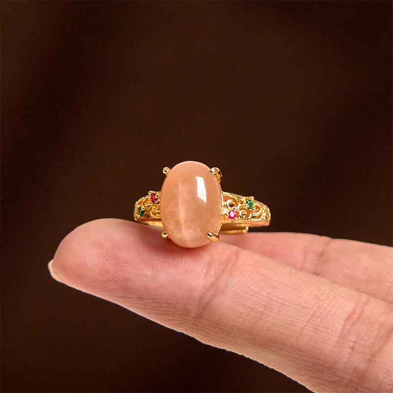 Buddha Stones Hollow Vine Design Peach Moonstone Adjustable Happiness Ring