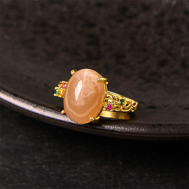 Buddha Stones Hollow Vine Design Peach Moonstone Adjustable Happiness Ring