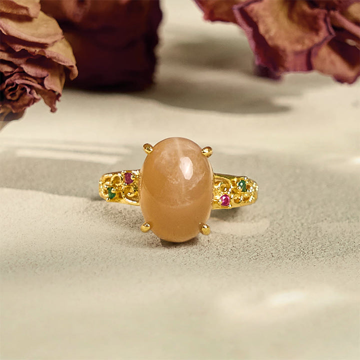 Buddha Stones Hollow Vine Design Peach Moonstone Adjustable Happiness Ring