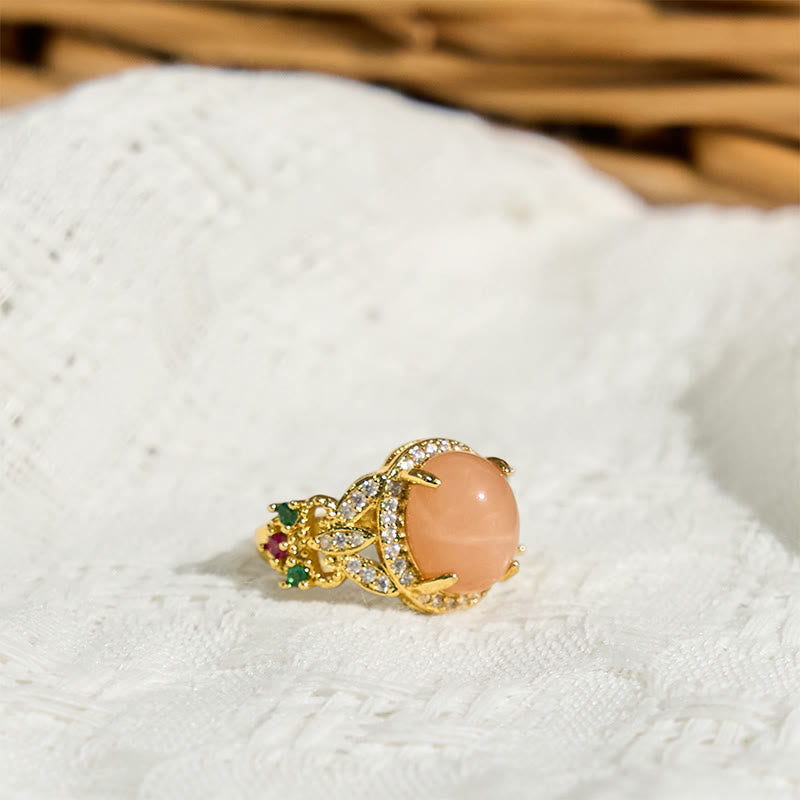 Buddha Stones Vintage Prong Setting Four Leaf Flower Design Peach Moonstone Adjustable Soothing Ring