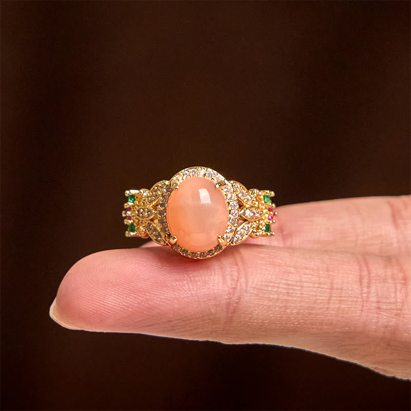 Buddha Stones Vintage Prong Setting Four Leaf Flower Design Peach Moonstone Adjustable Soothing Ring