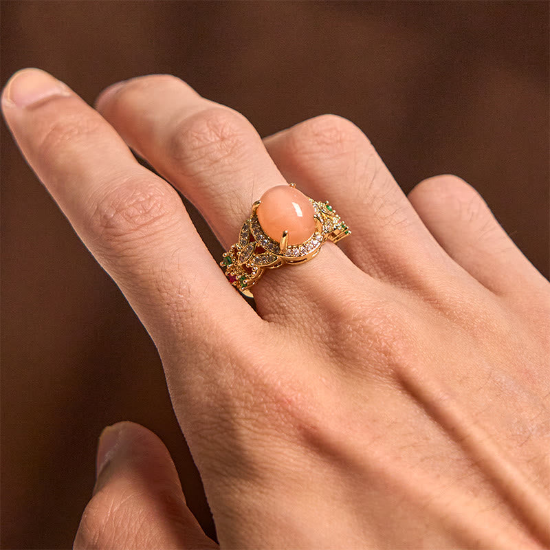 Buddha Stones Vintage Prong Setting Four Leaf Flower Design Peach Moonstone Adjustable Soothing Ring